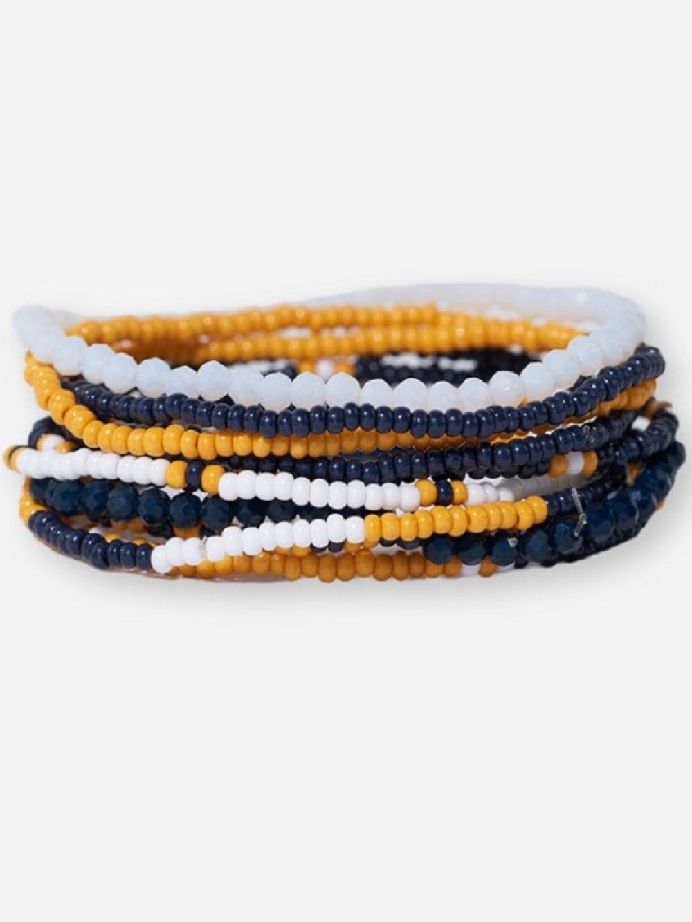 New in package Hand beaded 10 bracelet stack blue yellow white Seed bead brewers
